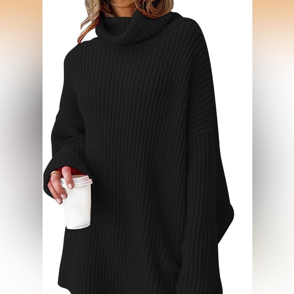 LILLUSORY Women's Knit Turtleneck Oversized Long Sweater Dress Black Extra Large